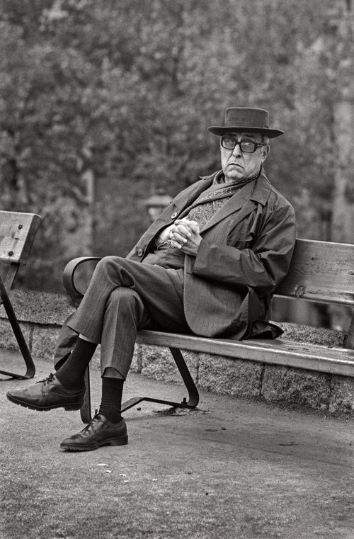 Man on a park bench Santiago, Spain 1974 Photographer Nancy LeVine