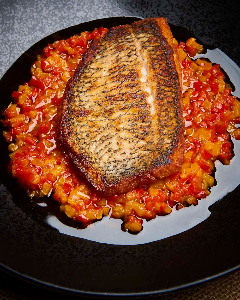 Crispy Black Bass Basquaise