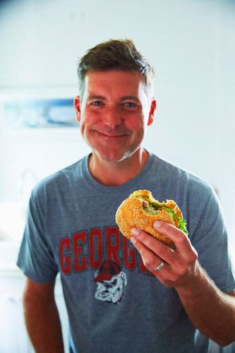 Asian Style Tuna Burger with Ginger Mayo and Napa Cabbage Slaw Process A130127 Jamie Deen Cookbook 2013