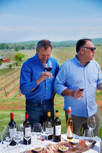 Chef Jose Andres(light blue shirt) with Luca Paschina/winemaker Email:grappa@barboursvillewine.com phone:540-832-3824 at Barboursville Vineyards. A140507_Jose_Andres_VA_FW