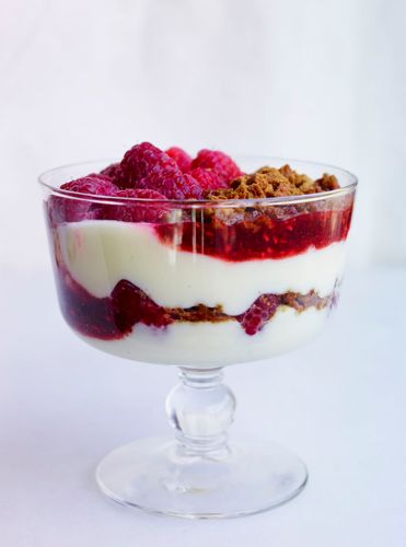 Raspberry verrine with buttermilk anglaise and ginger snap crunch. A130709_RootToLeaf_Spring2014