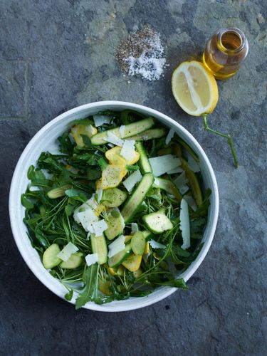 Summer Squash & Arugula Salad w/Pecorino & lemon dressing. A110119. Homecooking with Jean Georges © John Kernick NO RIGHTS GRANTED