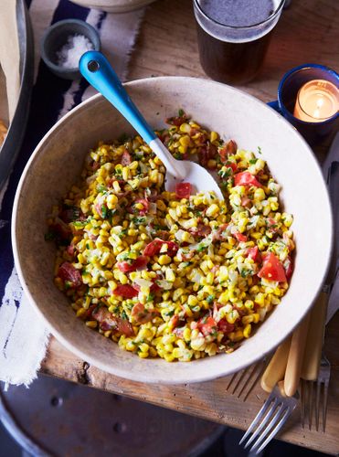 Overhead Table Setting Beauty: Grilled Black Pepper RAck of Lamb w/Red Onion & Mint Jam, Rainbow Chard Slaw w/English Muffin Croutons, Creamy Scallion Dressing & Cantaloupe, Bread 'n Butter Potato Salad, Fried Chicken w/ &A130315 MSLO Montana July 2013