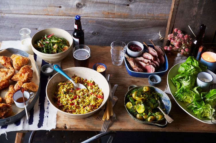 Overhead Table Setting Beauty: Grilled Black Pepper RAck of Lamb w/Red Onion & Mint Jam, Rainbow Chard Slaw w/English Muffin Croutons, Creamy Scallion Dressing & Cantaloupe, Bread 'n Butter Potato Salad, Fried Chicken w/ &A130315 MSLO Montana July 2013