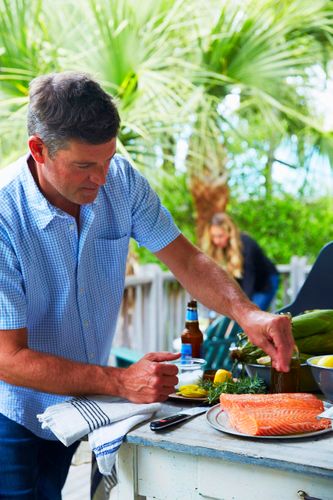 Grilled Salmon on White Wine Soaked Cedar Planks Process; Jamie on the Grill. A130127 Jamie Deen Cookbook 2013