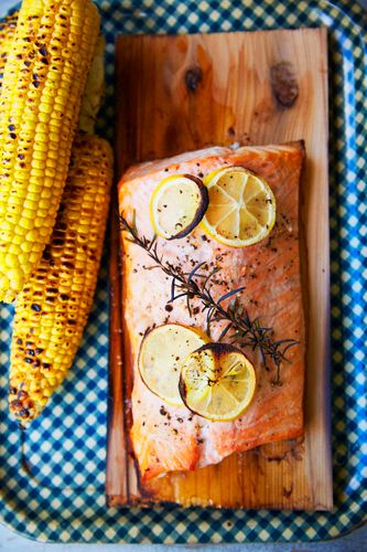 Grilled Salmon on White Wine Soaked Cedar Planks Process; Jamie on the Grill. A130127 Jamie Deen Cookbook 2013