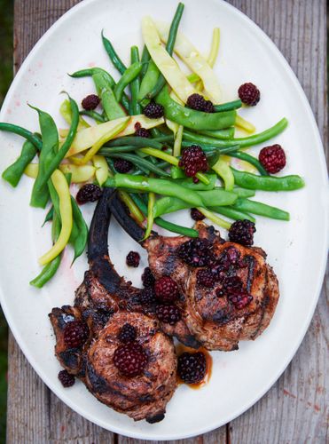 Plated Grilled Pork Chops with Green Beans   PIckled Blackberry A130709 Root to Leaf Stephen Satterfield Cookbook 2013