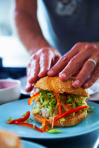 Asian Style Tuna Burger with Ginger Mayo and Napa Cabbage Slaw Process A130127 Jamie Deen Cookbook 2013