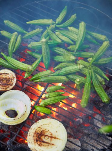 Grilling Okra   Onions A130709 Root to Leaf Stephen Satterfield Cookbook 2013