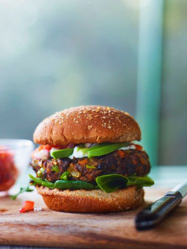 Homemade Black Bean Burger with Fresh Salsa Beauty A130127 Jamie Deen Cookbook 2013