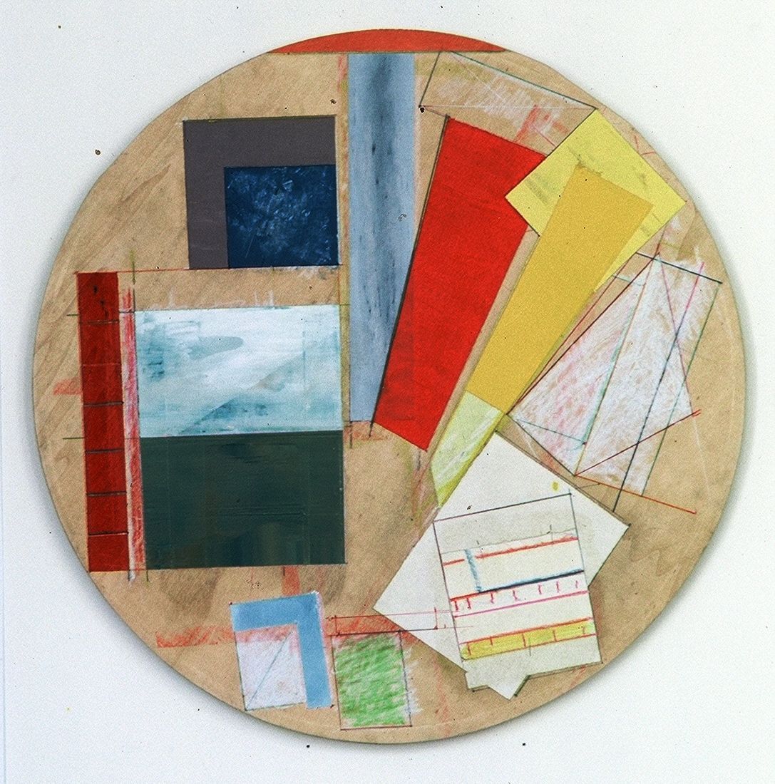 SAN FRANSISCO TONDO     , 1981-2    San Francisco20 "   diameter   , acrylic and paper   on   wood panel  [ old cheese box cover ]