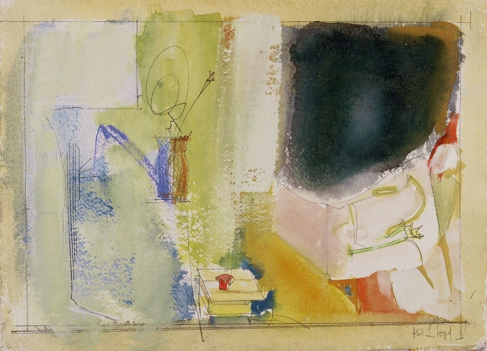 DIVIDED COMPOSITION w VASE and TABLE   2005 11 x 15 "   ,   watercolor on paper