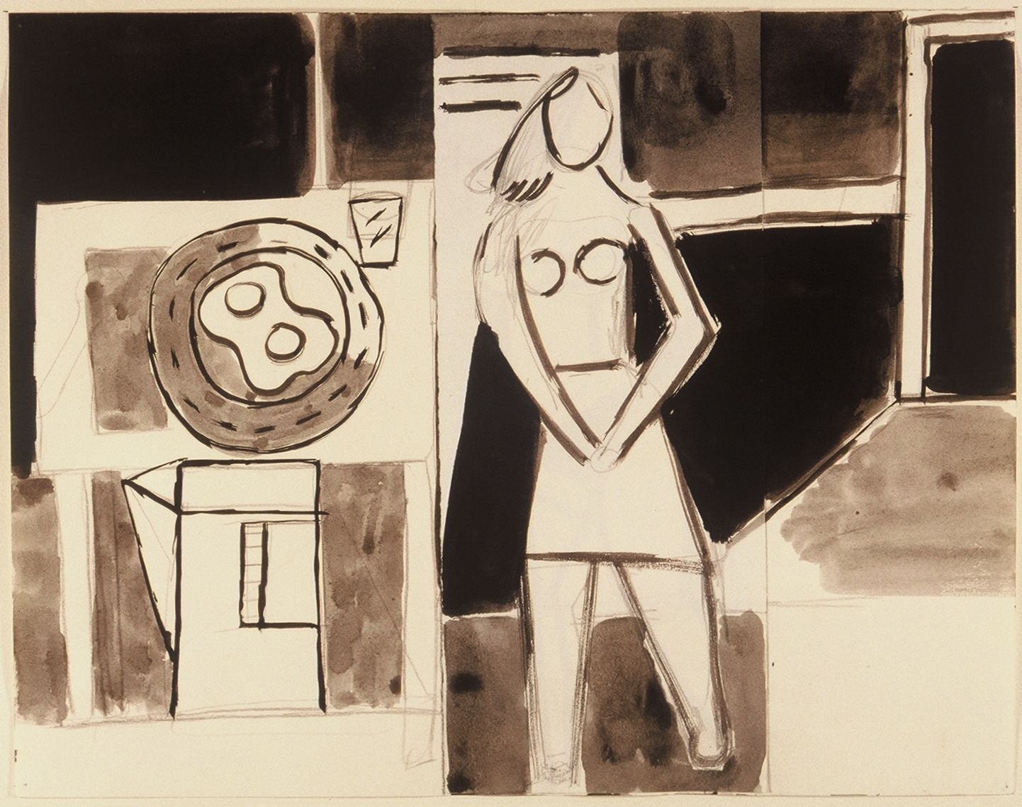 INTERIOR w GIRL , Coffee Pot and EGGS 1973 Berkeley 11 x 14" , ink on paper private collection Maine