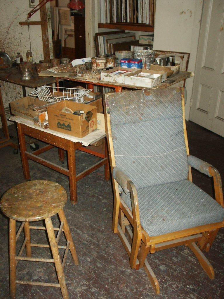 my Middle St STUDIO in 2006  w JOHN HULTBERG'S  Canadian rocker which he gave to me when he left Portland and returned to NYC to teach at  th Art Students League back  in early 90s