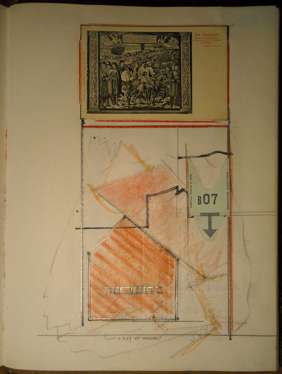 Composition w   POSTCARD  of San GIMIGNANO   by Gozzoli  1977  Berkeley  ,  13.75 x 9.75"