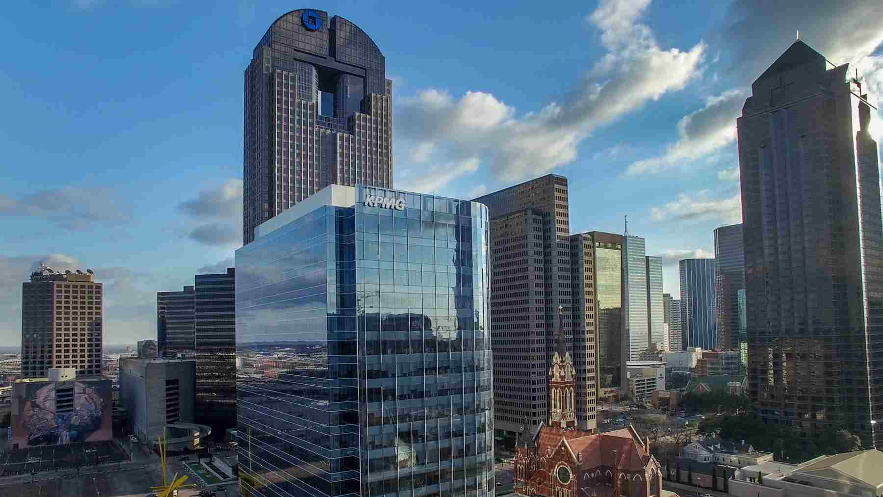 Aerial photograph filmed with a drone, downtown Dallas. Dallas Drone aerial