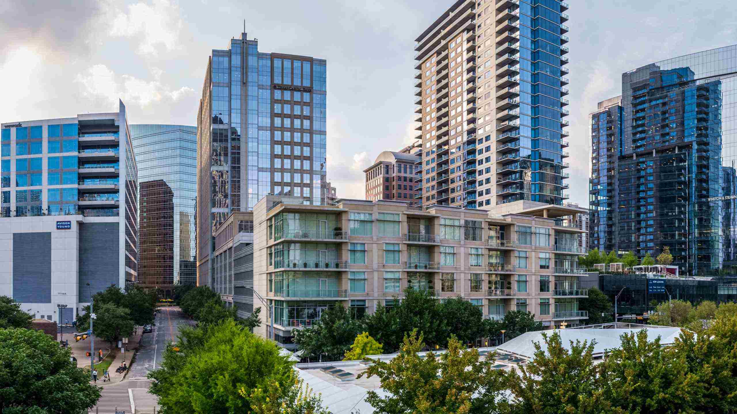 Commercial real estate in downtown Dallas. Photography shot with drone. Aerial view of Dallas, photo shot with drone