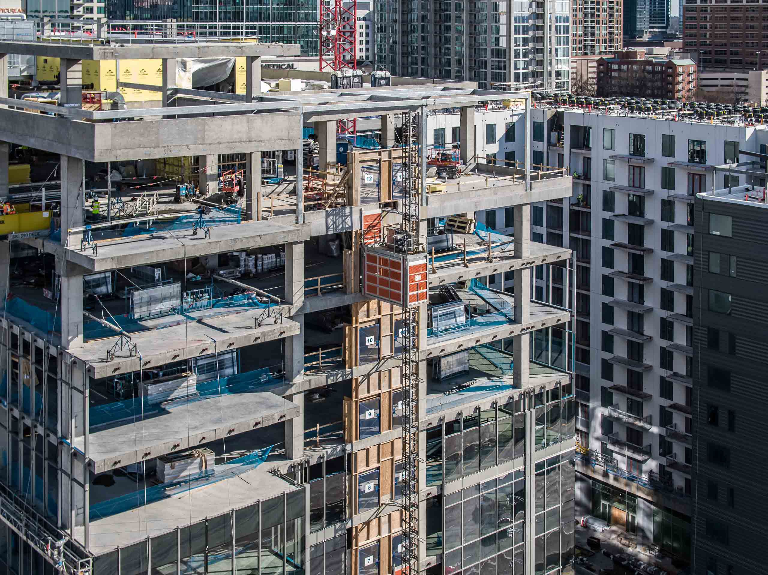 Close-up aerial photo of building construction at a Balfour Beatty project in Atlanta, highlighting detailed site work and craftsmanship. Detailed Aerial Construction View - Balfour Beatty Atlanta