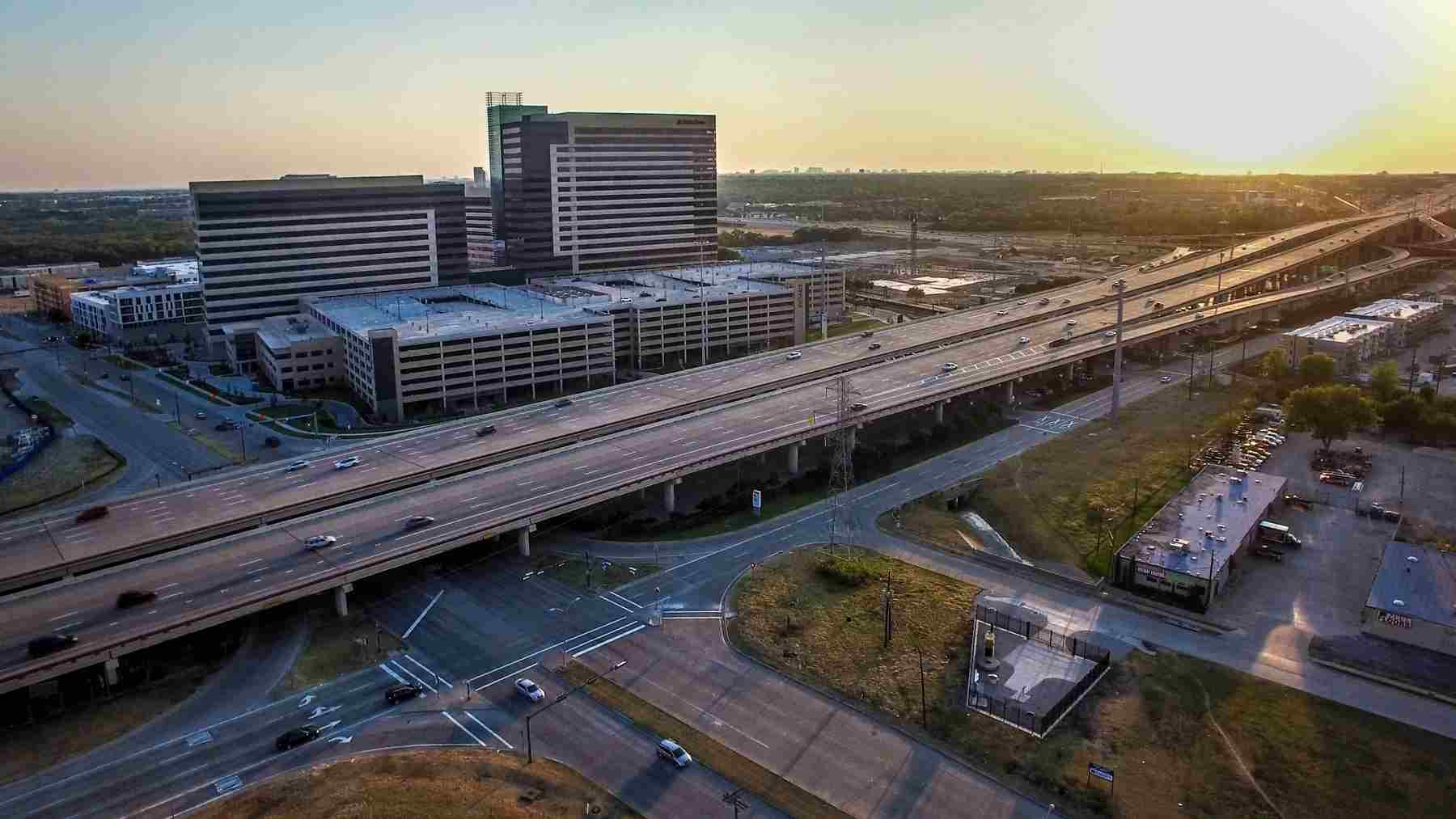 Aerial photo of infrastructure and commercial real estate in Dallas, highlighting building architecture and site layout from above. Drone Aerial of Infrastructure and Commercial Real Estate - Dallas Photography