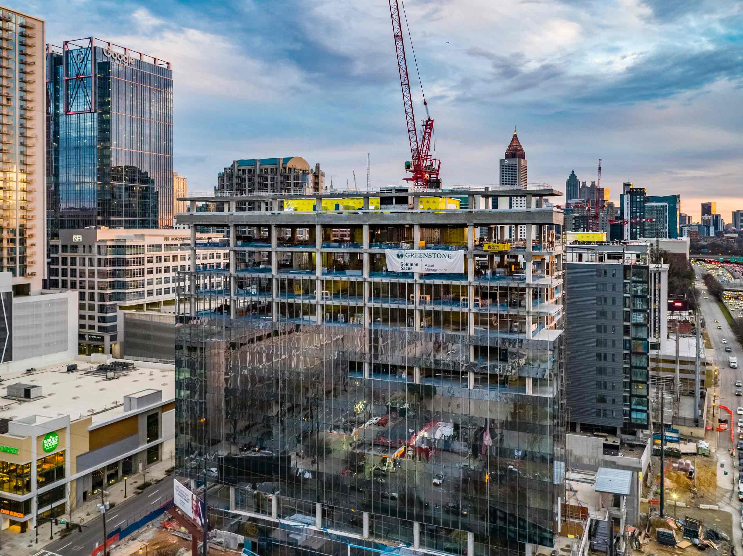 Aerial photo of building construction in Atlanta, showcasing Balfour Beatty's project scale and precision, captured by C Ray Pictures. Aerial Construction Photography - Balfour Beatty Project in Atlanta
