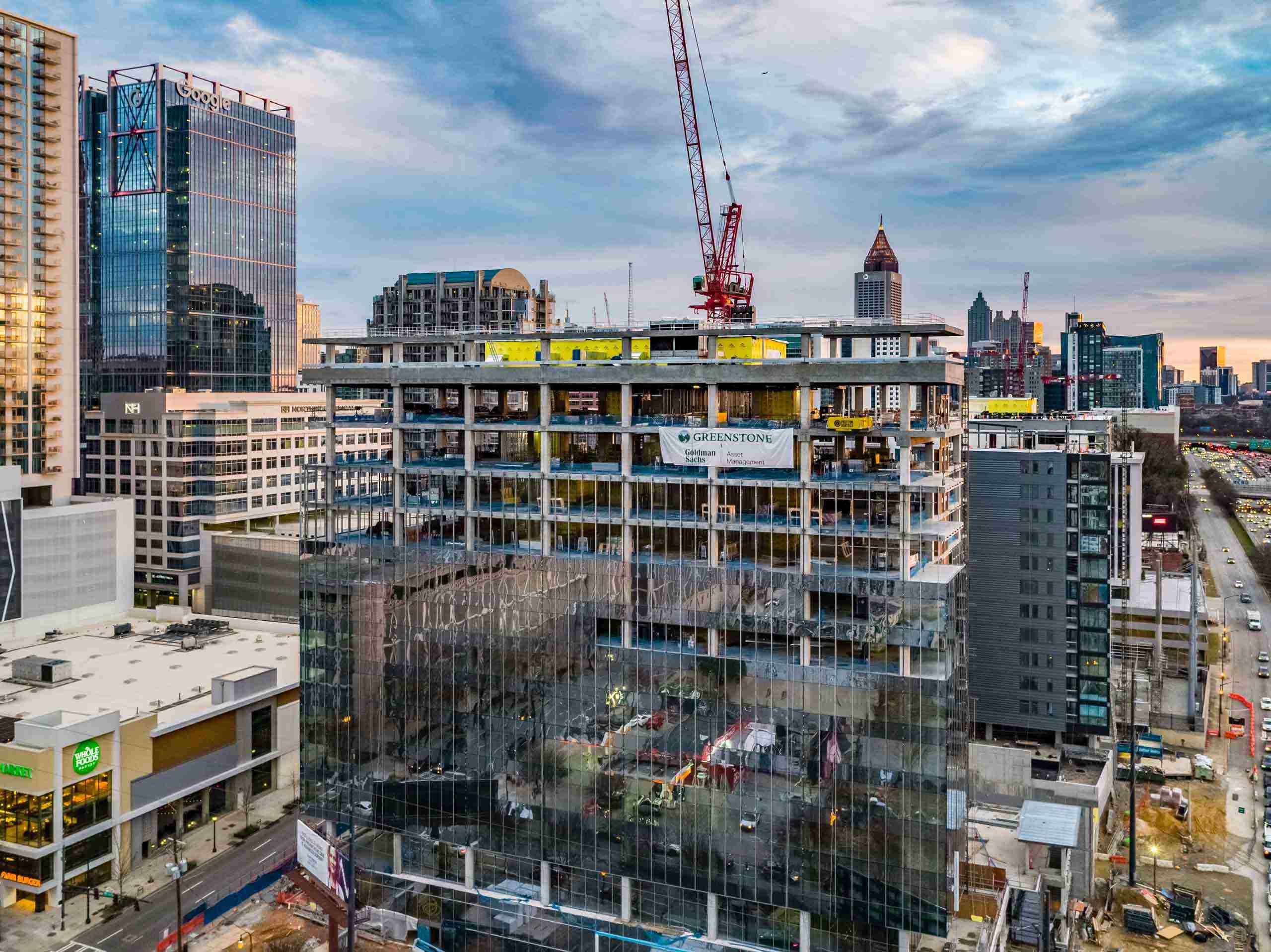 Aerial photo of building construction in Atlanta, showcasing Balfour Beatty's project scale and precision, captured by C Ray Pictures. Aerial Construction Photography - Balfour Beatty Project in Atlanta