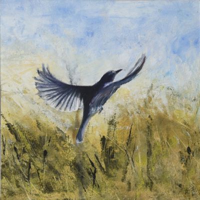 SOLD. Cold wax oils mixed media. Catbird in Flight