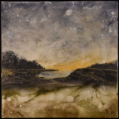 10x10 Encaustic mixed media on cradled panel. Available. Lobster Cove