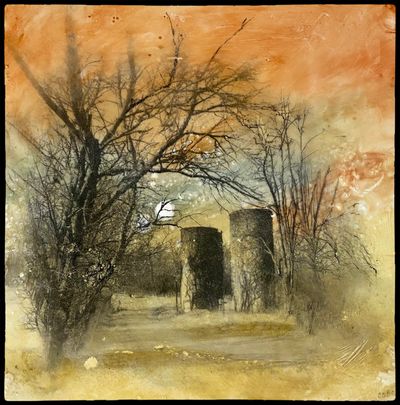 10x10 Encaustic mixed media on cradled panel. Forgotten Path