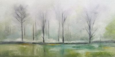 6x12 Mixed media. Watercolor & oil pastels on paper, mounted on cradled panel. Available. Chill in The Air