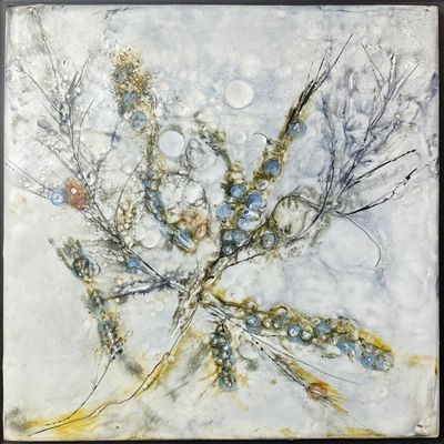 8x8 Encaustic with pan pastel , walnut and india inks. Available. Twiggy