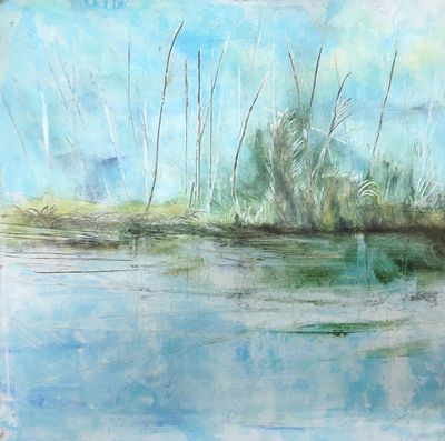 8 x 8 Cold wax /oil on cradled panel. Available. Contact the artist. Wetlands