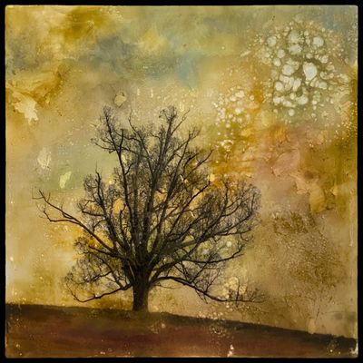 10x10 Encaustic mixed media on cradled panel. Available. The Soloist