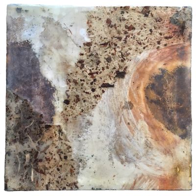 8x8 Encaustic mixed media. Available. Ground Game