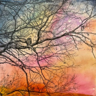 8x8 Encaustic mixed media. Available. Vigil