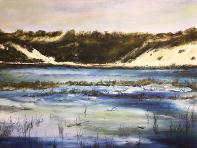 9x12 Cold wax/ oils on linen paper. Available. Contact the artist. Dune Meets Pond , Truro, MA