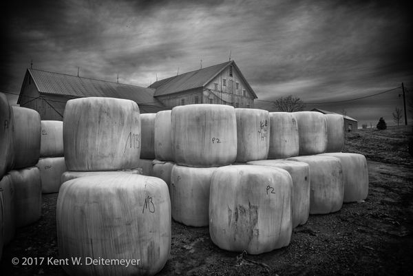 Stacked bails of organic hay stored for feed out time. Wood Farms Organic Hay