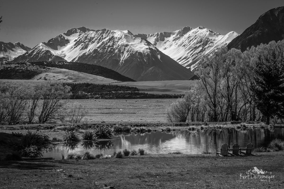 The old salmon hatchery is sited at the confluence of Glenariffe Stream and Rakaia River. Glenariffe Steam in Glenariffe Station is protected from fishing as a key salmon spawing stream for wild, sea run salmon.  Mark and BJ work with New Zealand's Fish & Game to protect the stream. I love this view and always imagined myself sitting in one of those three lawn chairs next to the lake and having a libation watching the sunset over the Southern Alps. The Old Salmon Hatchery Rakaia River Gorge