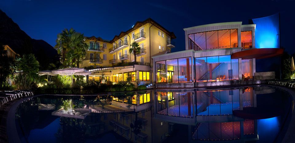 Hotel complex at night.