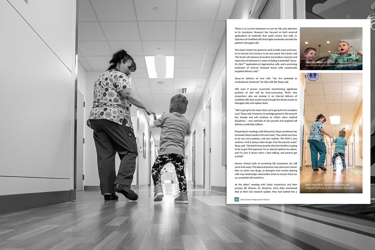 Photojournalism for Medicine. A page from the Gates Center For Regenerative Medicine Annual Report is inserted into the origianal editorial photograph. Editorial Photography Gates Center For Regenerative Medicine.jpg