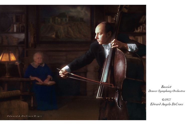 Denver portrait photographer Edward Angelo DeCroce embarked on a monumental photographic series when he began the Symphony Series in 1977.  "Bassist " ©1977 was composed in the photographer's home. A neighbor lady posed as the listener. Bassist  ©1977 DeCroce