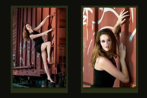 Denver fashion model Maddie Kerr strikes fun provocative poses on deserted freight train for Denver fashion model photographer. Fashion Model Photography on Train