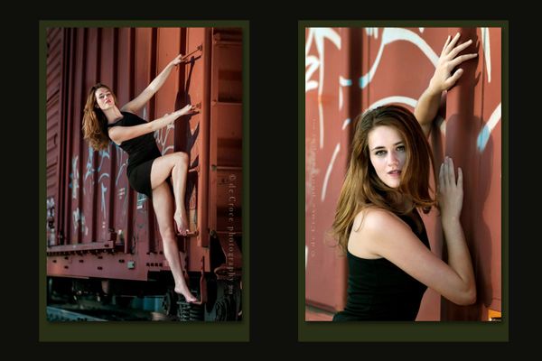 Denver fashion model Maddie Kerr strikes fun provocative poses on deserted freight train for Denver fashion model photographer. Fashion Model Photography on Train