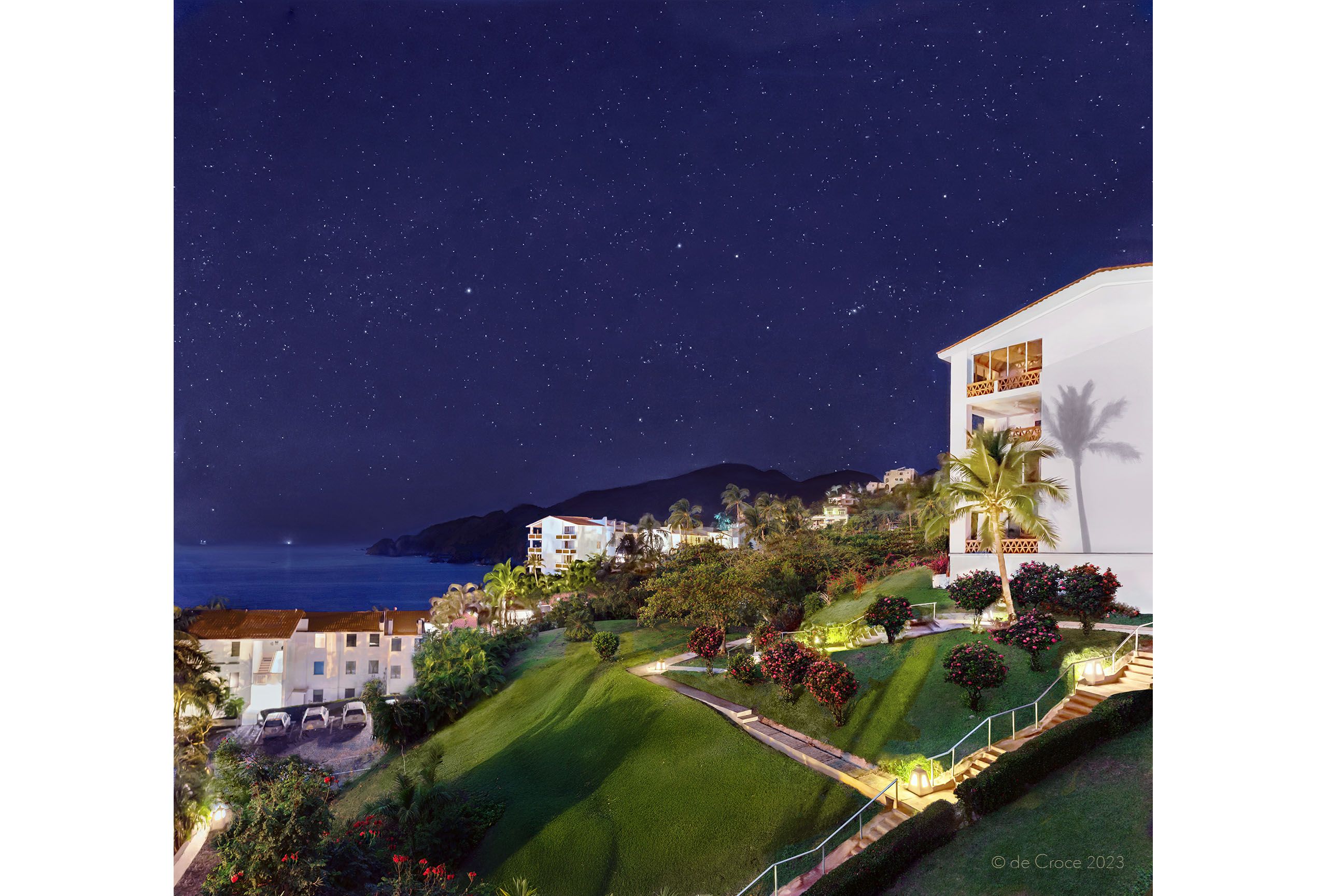 Travel photography for hospitality resorts in Mexico features night photography with stars and condos. Beach Resort Photography - Condos Under Night Stars Mexico