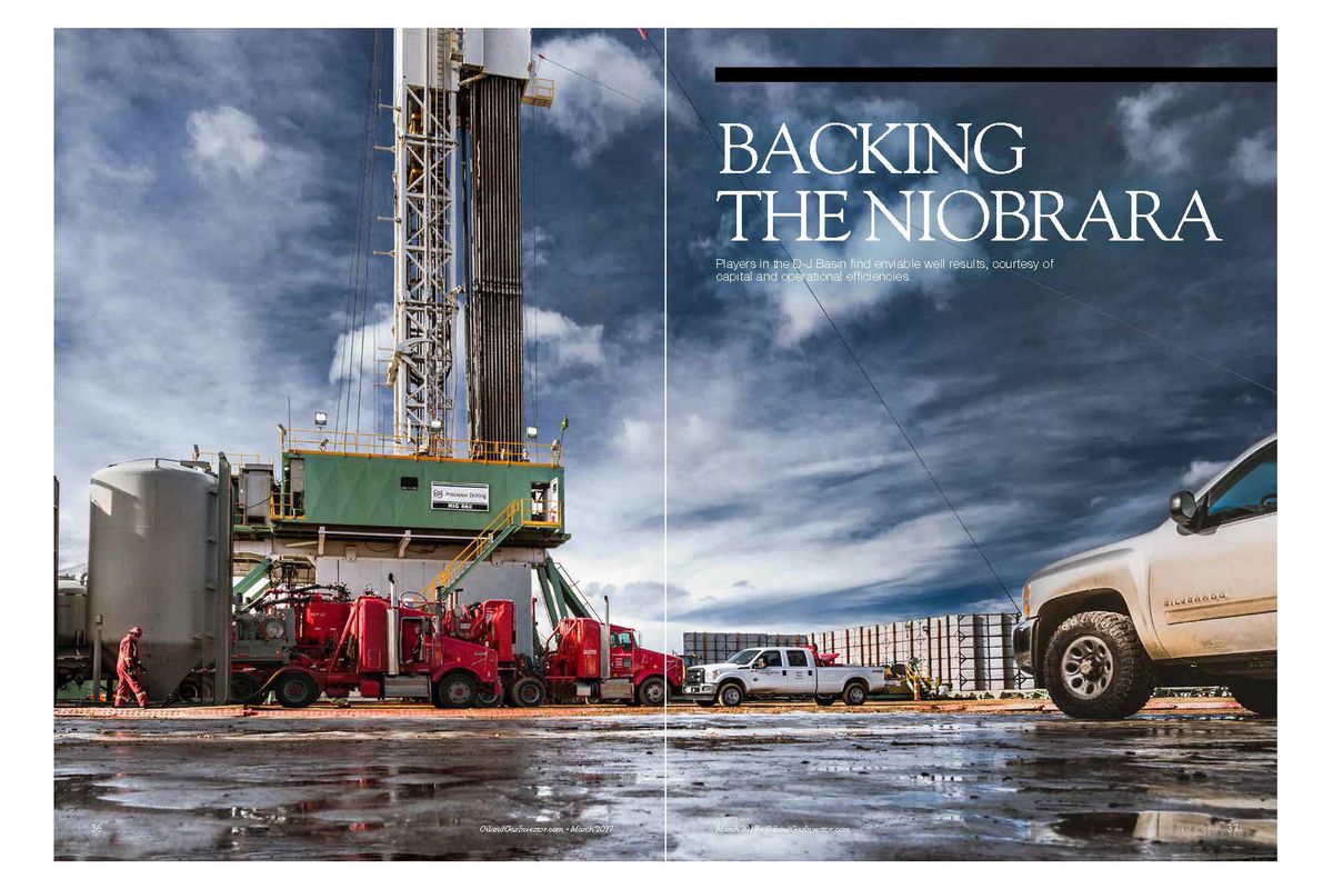 Editorial photojournalism for Oil and Gas Investor Magazine depicting low angle shot of life at drill site. O&G Magazine 2 Page Spread.jpg