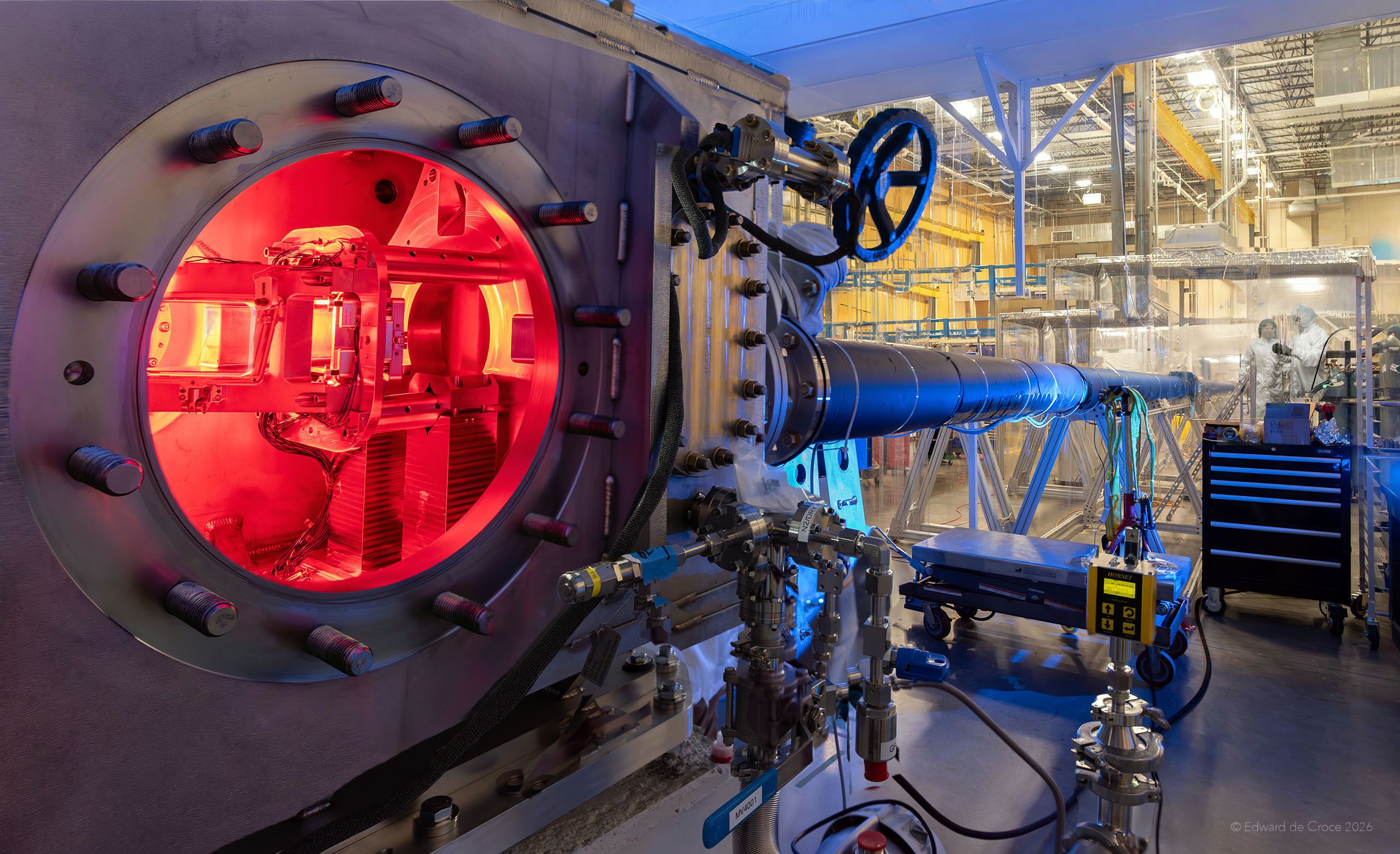 Laser operations for nuclear fusion energy at The Xcimer Energy Corporation research facility in Denver, Colorado. Photographed by American industrial photographer Edward DeCroce. Industrial Photography - Nuclear Fusion Laser