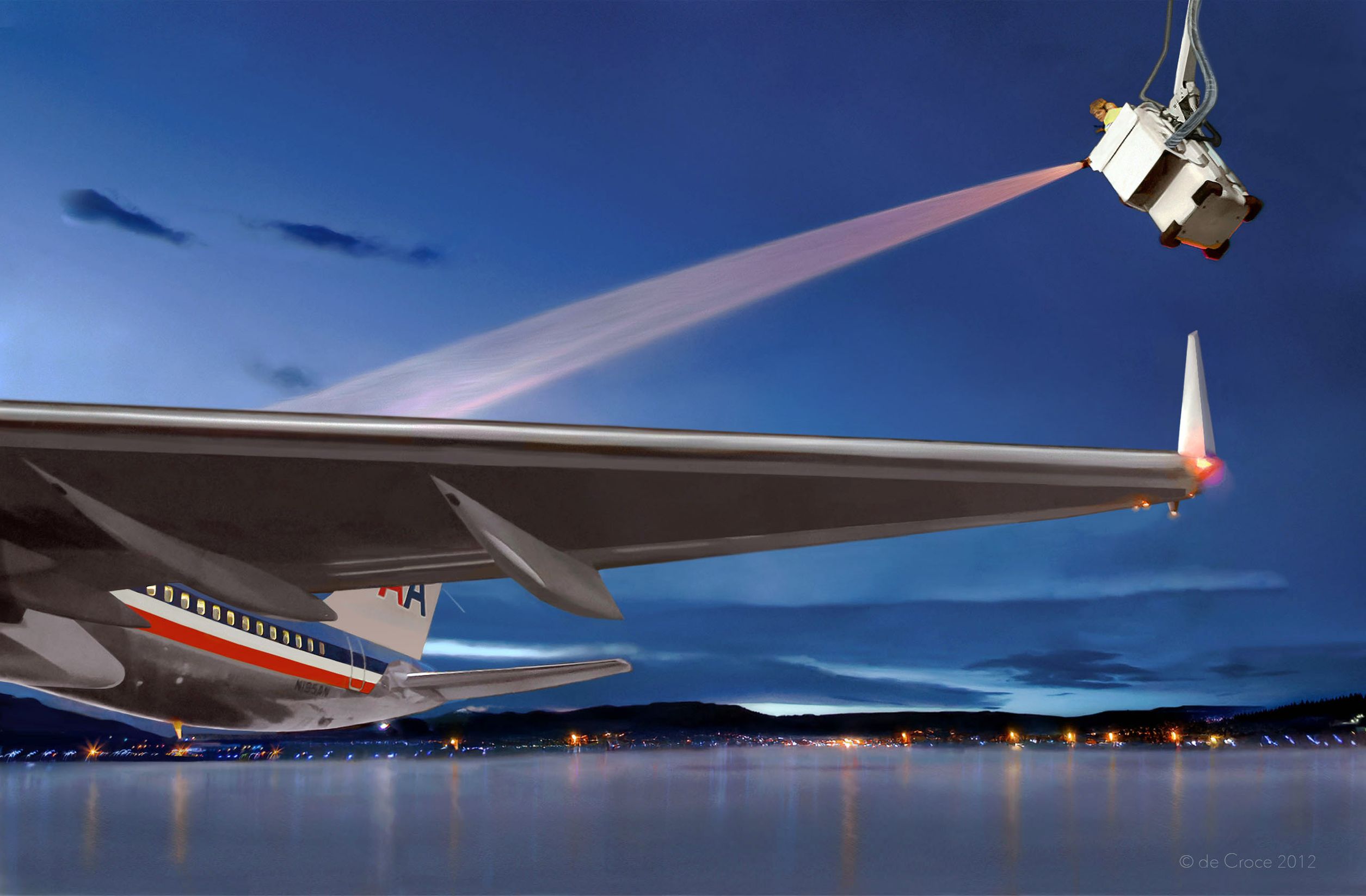 Deicing jet at night on Vail Colorado runway shown in commercial photography used in advertising by G2 Secure. Airline Commercial Image G2 Secure Photography - Airport Deicing Colorado