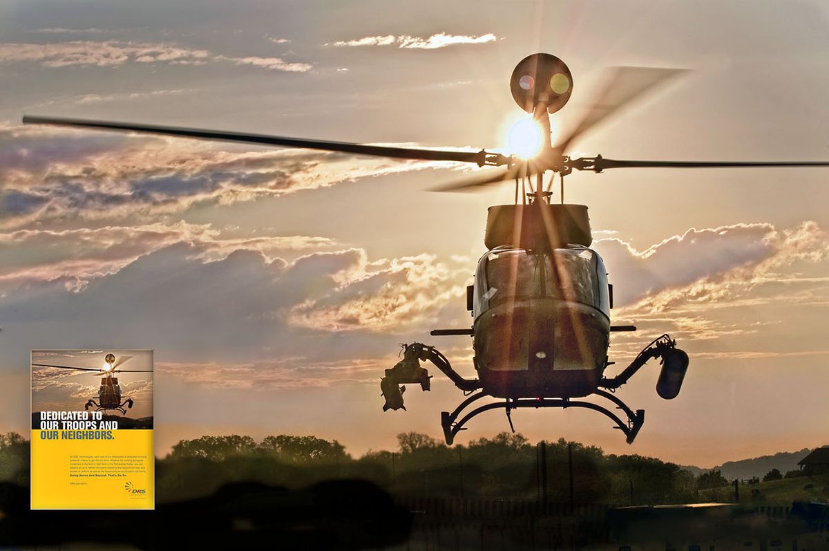 Commercial photography for advertising DRS Technologies by the advertising photographers Colorado from deCroce. The photograph was made to illustrate the nightvision sensors on the helicopter. Colorado Advertising Photography War.jpg