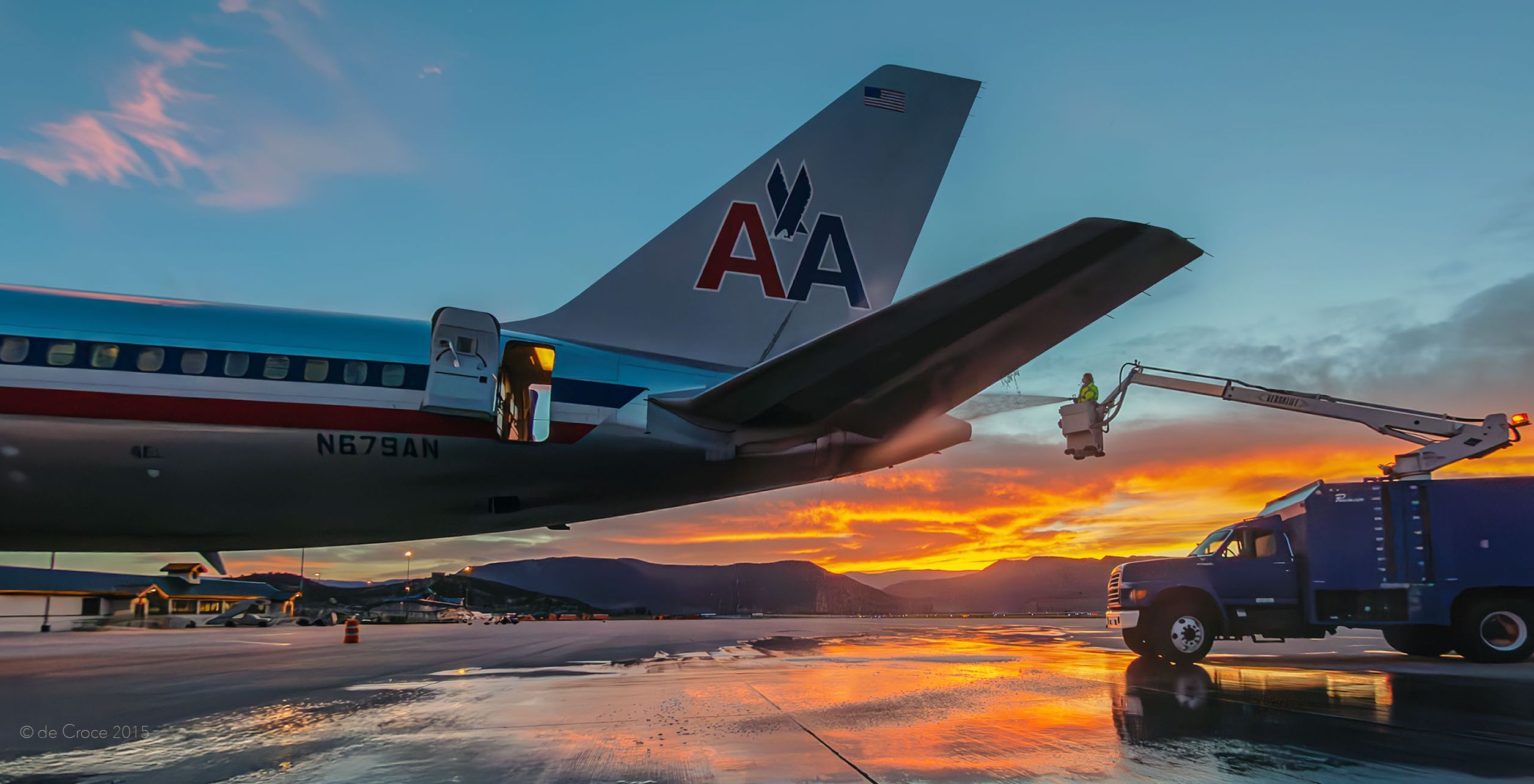 Sunset image depicting frozen deicing jet aviationon Vail runway shot by Colorado industrial photographer photographer. Industrial Photography Vail Colorado For Aviation