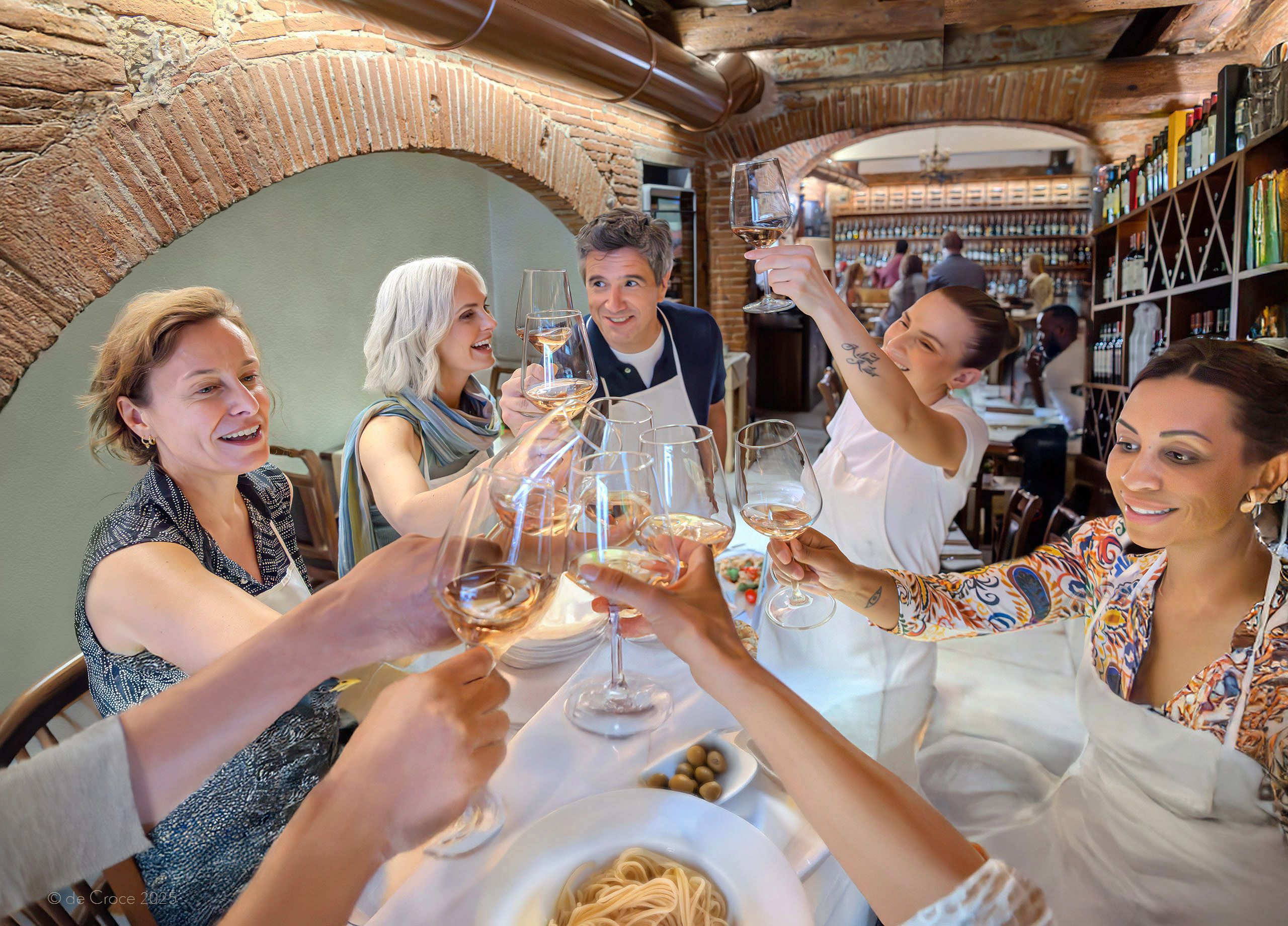 This portrayal of a cooking class in Italy comes from an advertising photoshoot in Florence Italy. The photograph shows a group of adults toasting wine glasses at the end of the cooking class in a quaint Italian restaurant. Cooking Class Italy - Advertising Travel Photography