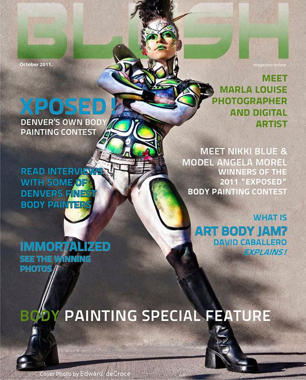 Fashion photographer in Denver, DeCroce captures body paint model for cover of Blush magazine. Blush magazine Cover